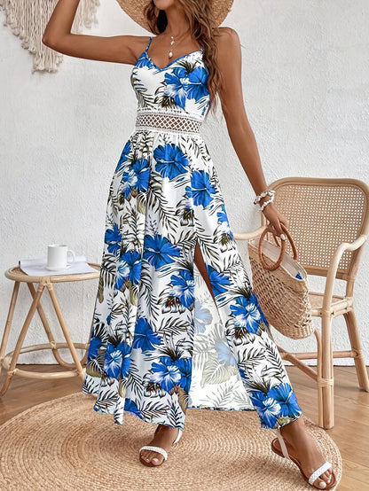 Floral Print Spaghetti Strap Dress, Elegant Sleeveless Split Dress For Spring & Summer, Women's Clothing