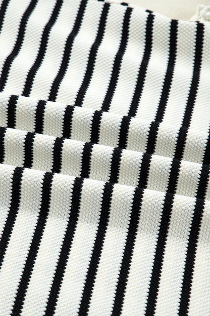 White Stripe Ruffle Trim Drop Shoulder Top Drawstring Loose Pant Set