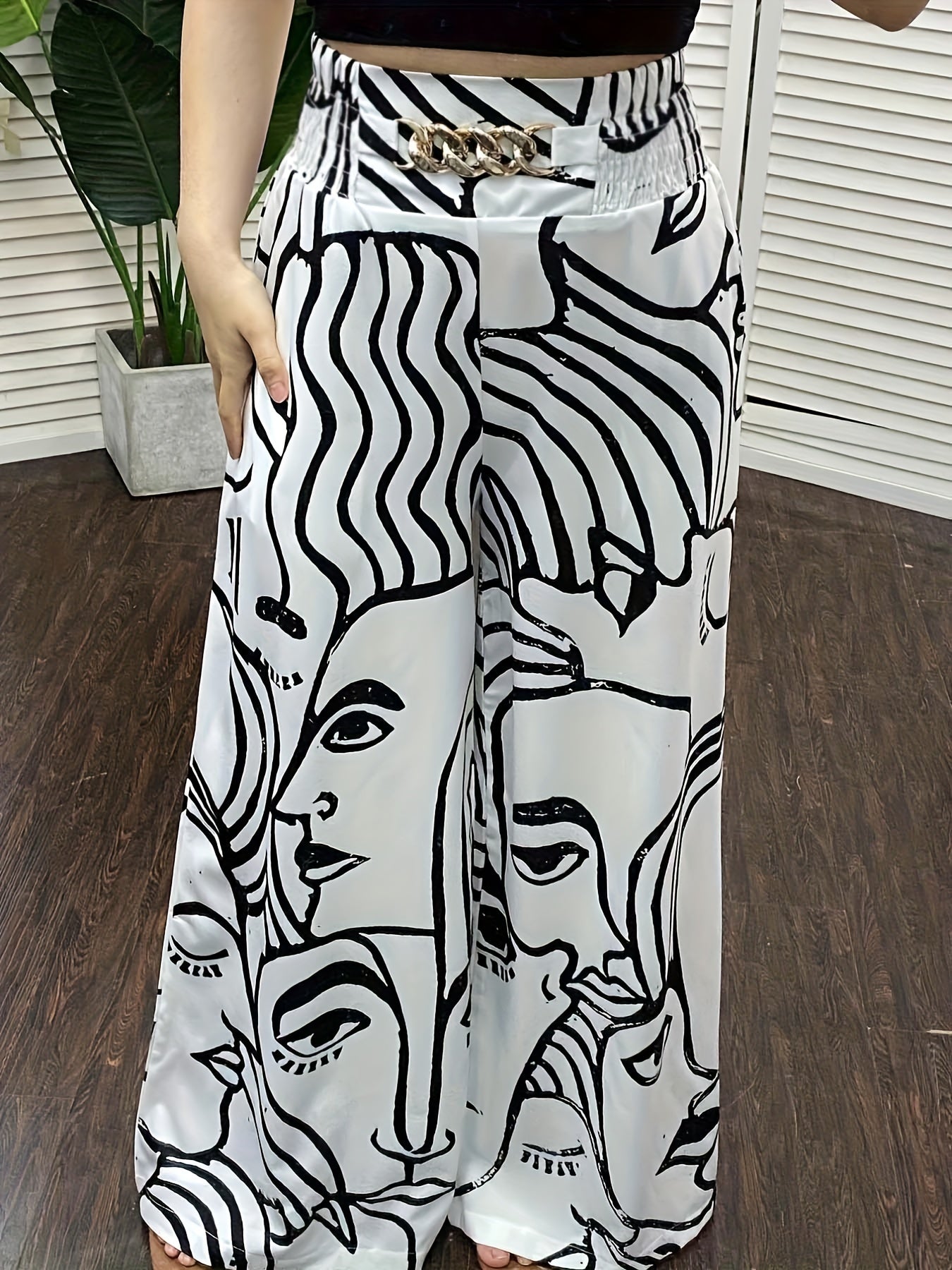 Abstract Face Print Pants, Casual Wide Leg High Waist Pants, Women's Clothing