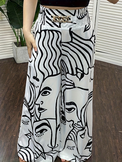Abstract Face Print Pants, Casual Wide Leg High Waist Pants, Women's Clothing