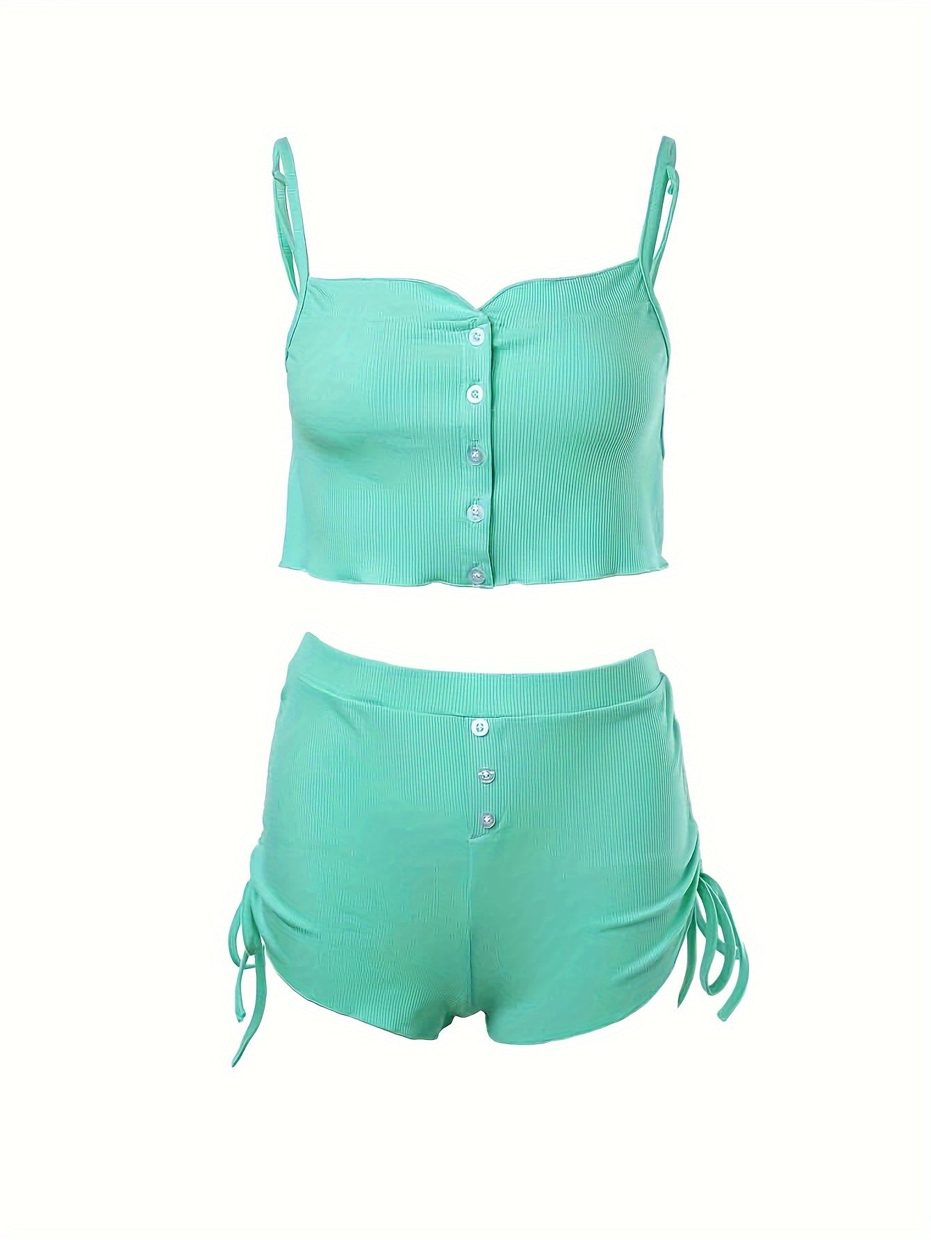 Simple Solid Print Lounge Set, Buttons Cami Top & Drawstring Shorts, Women's Loungewear & Sleepwear Koningsdag/King's Day