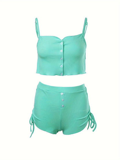 Simple Solid Print Lounge Set, Buttons Cami Top & Drawstring Shorts, Women's Loungewear & Sleepwear Koningsdag/King's Day