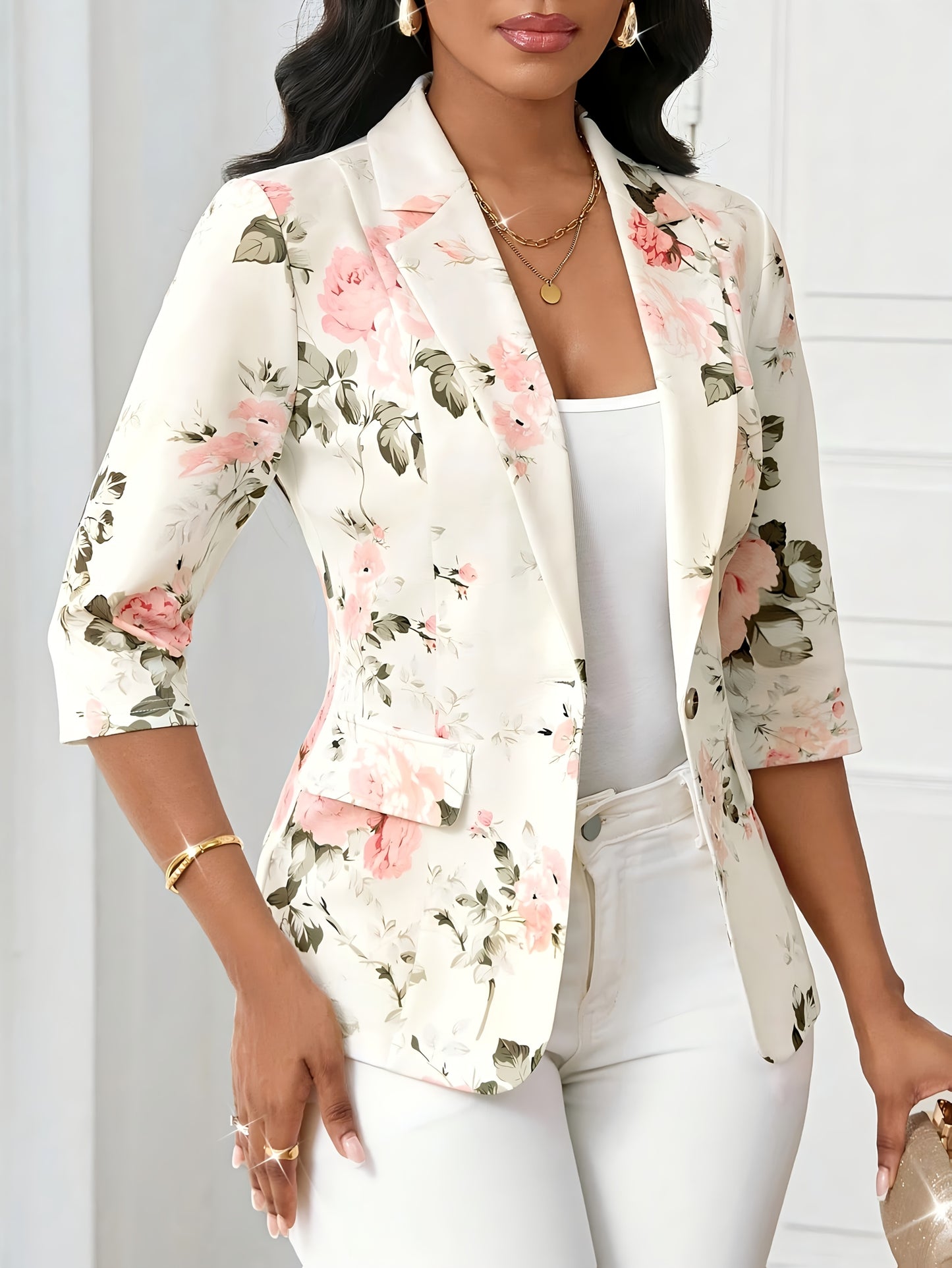 Women'S Floral Print Blazer - Elegant Office to Party Jacket, Structured Fit with Button Front Closure, Non-Stretch Fabric for Fall/Winter, Professional Women, Highquality Material, Work Attire, Fashion Lovers, Stylish Outerw
