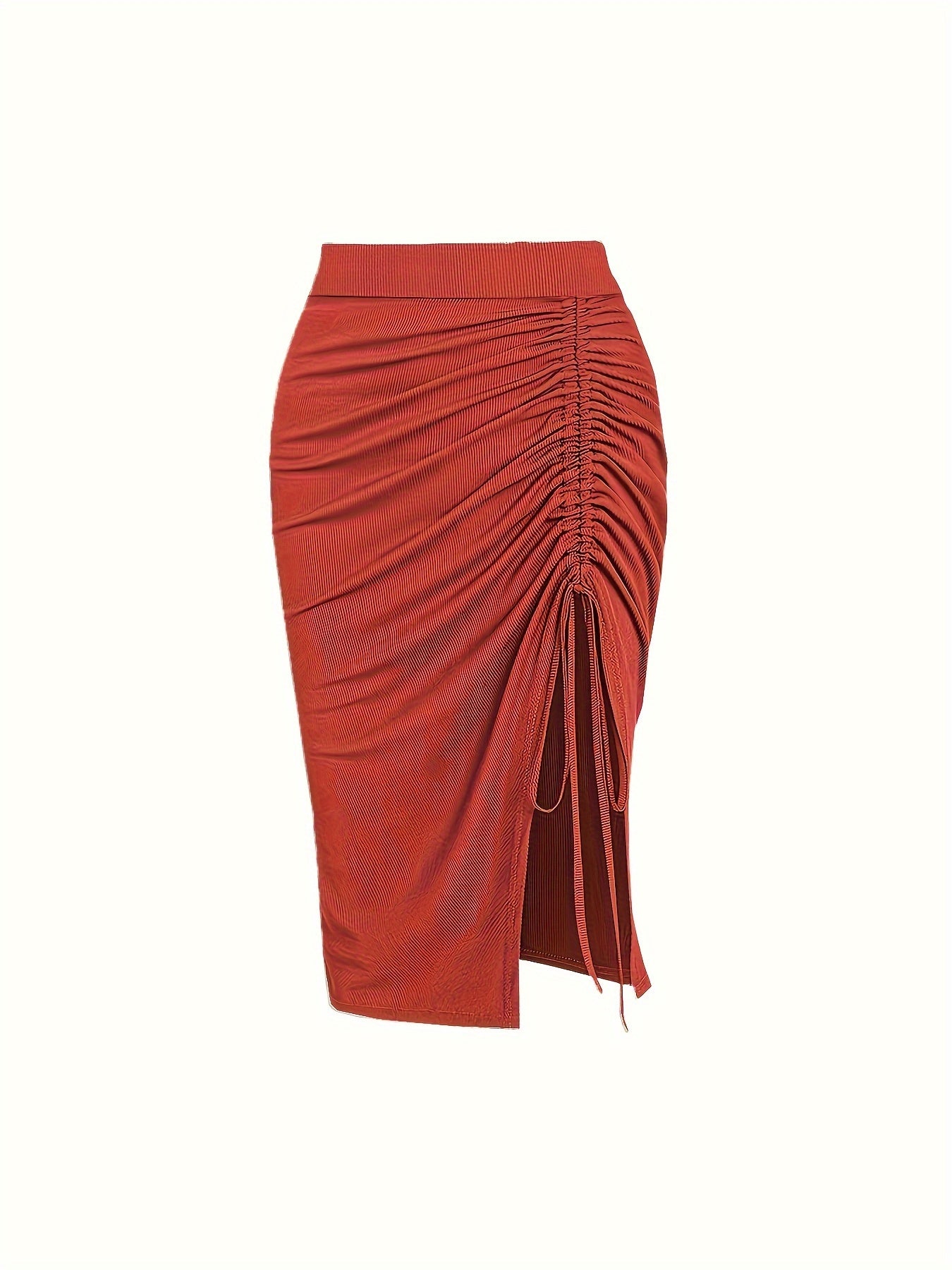 Solid Ruched Drawstring Split Skirt, Casual Bodycon Stretchy Skirt For Spring & Summer, Women's Clothing
