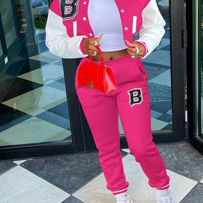 Trendy Letter Print Womens Two-Piece Set - Color Block Bomber Jacket with Slant Pockets & Chic Pants Outfit - Casual & Comfortable Clothing