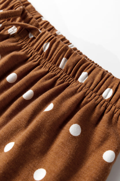 Brown Polka Dot Print Long Sleeve Shirt Pant 2pcs Pajama Set