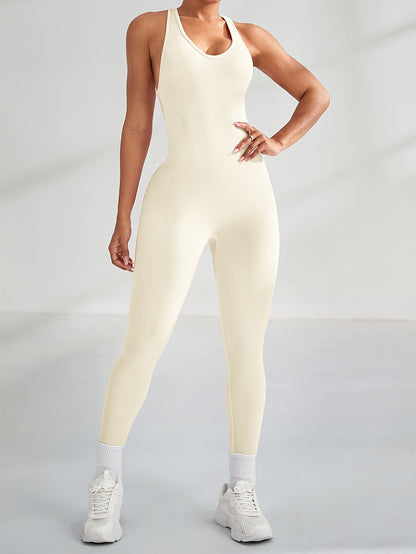 Women's High-Waisted Stretchy Yoga Jumpsuit - Smooth Knit Fabric, Solid Color, Long Sleeve, Round Neck, Machine Washable, Perfect for Sports & Fitness