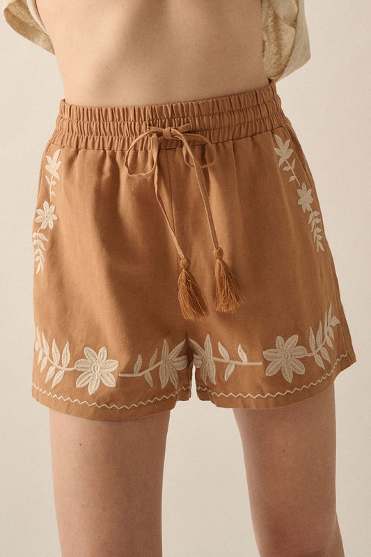 Khaki Embroidered Boho Tasseled Drawstring Elastic Waistband Casual shorts