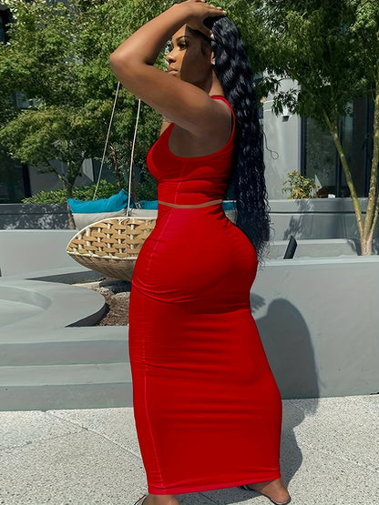 Trendy Two-Piece Set - Sexy Scoop Neck Sleeveless Tank Top & Flowy Bag Hip Maxi Skirt Outfit - Comfortable, Versatile, and Chic Women's Clothing for Everyday Wear