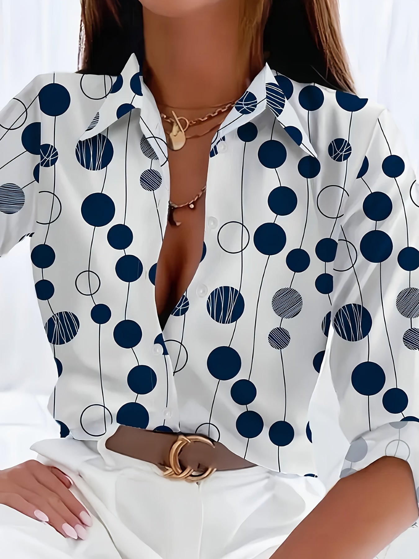 Print Women's Navy Blue & White Polka Dot Shirt - Long Sleeve Button-Up Collared Blouse, Regular Fit Machine Washable All-Season Top for Casual & Formal Wear, Office Attire, Classic Style, Durable Material, Buttonup Blouse, P