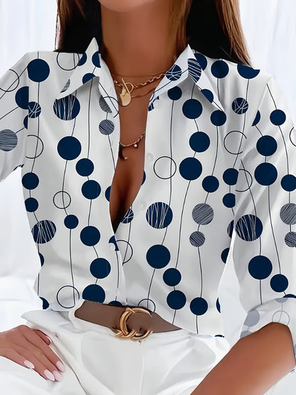 Print Women's Navy Blue & White Polka Dot Shirt - Long Sleeve Button-Up Collared Blouse, Regular Fit Machine Washable All-Season Top for Casual & Formal Wear, Office Attire, Classic Style, Durable Material, Buttonup Blouse, P