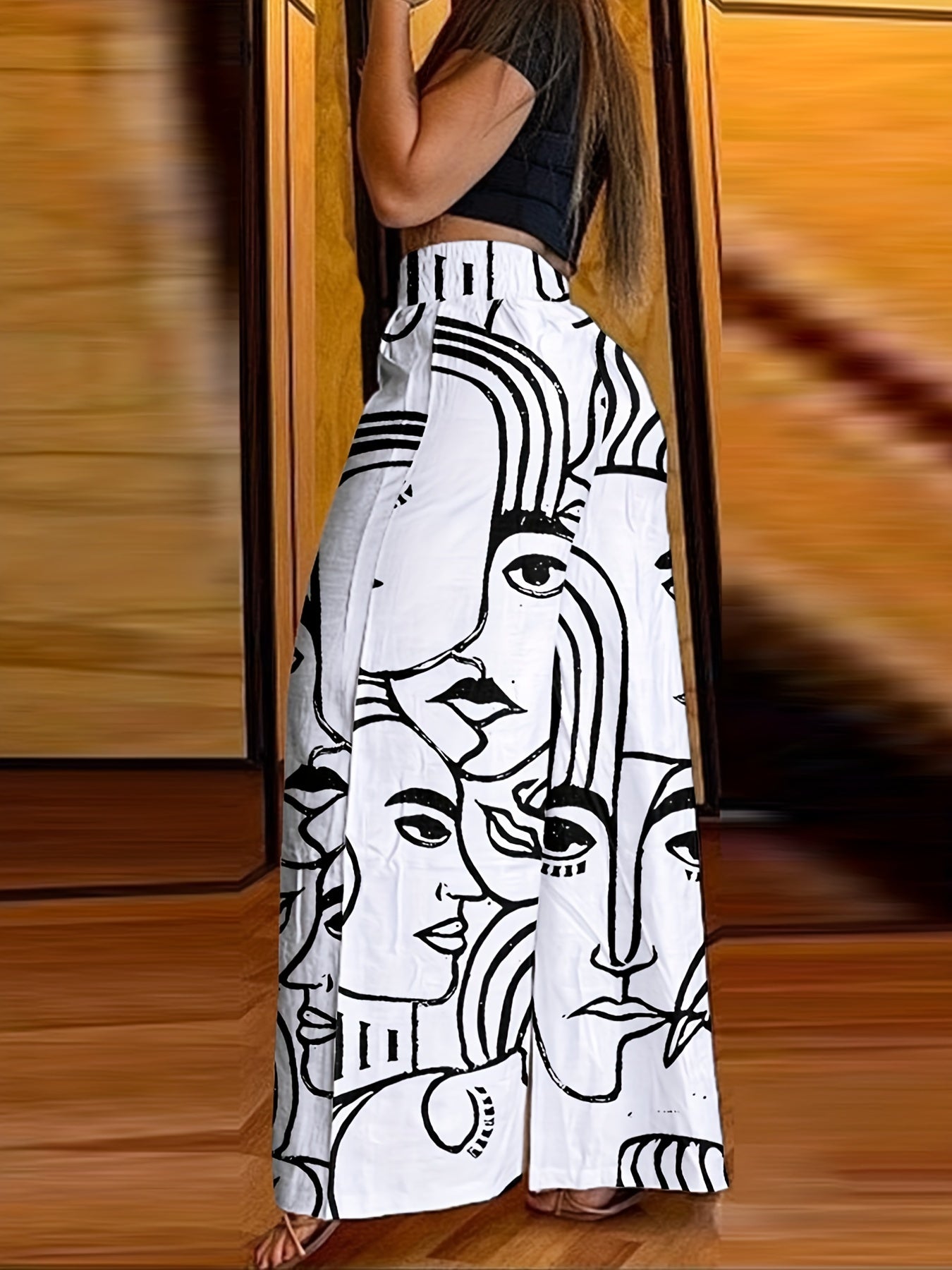 Abstract Face Print Pants, Casual Wide Leg High Waist Pants, Women's Clothing