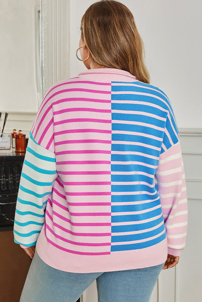 Sky Blue Stripe Colorblock Patchwork Plus Size Half Zip Sweater