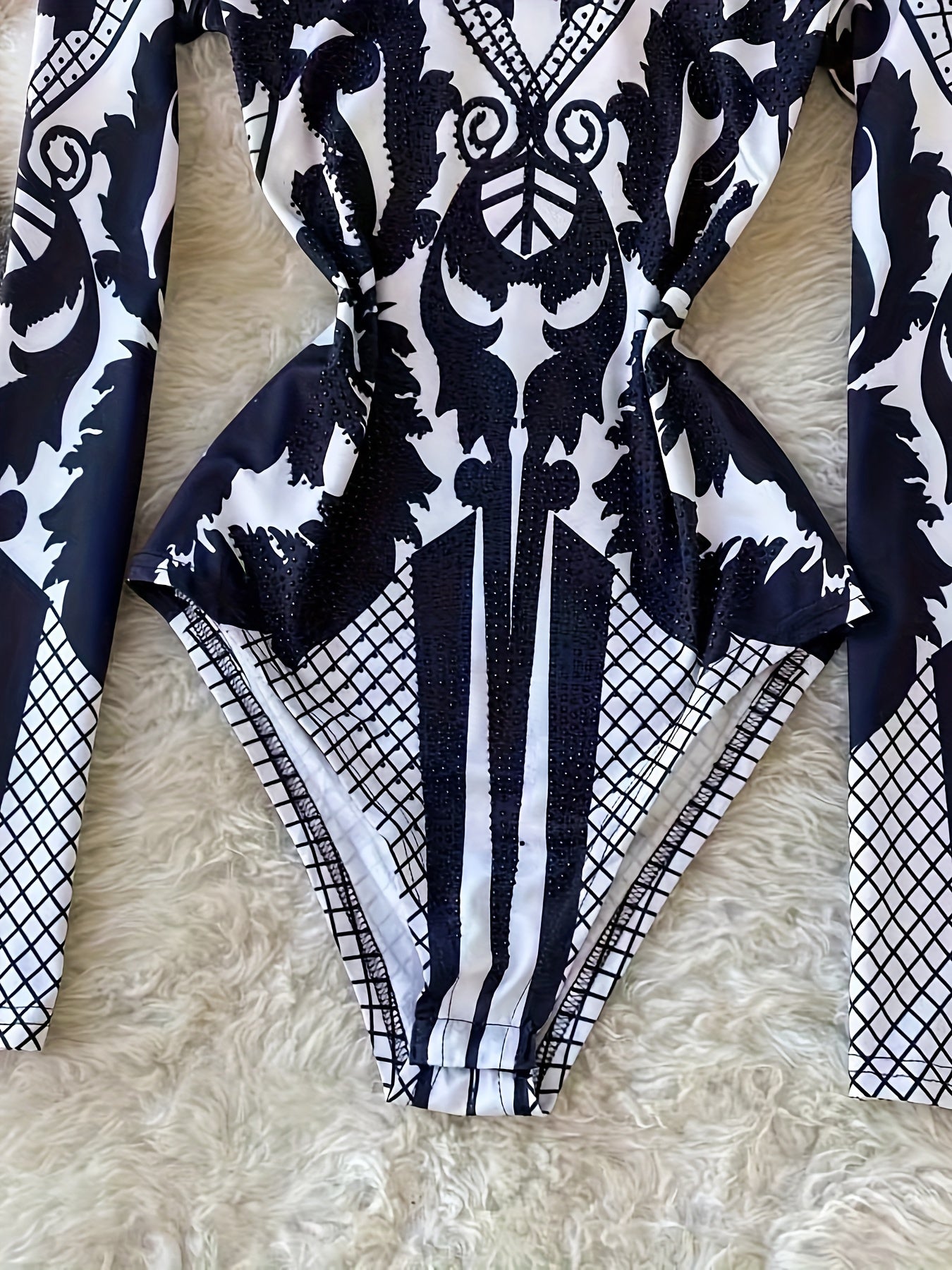 Women'S Tropical Print Bodysuit with Rhinestone Detail - Slim Fit, Stand Collar, Long Sleeve, All-Season Versatile Jumpsuit for Casual or Stylish Outfits, Stylish Outfit Bodysuit | Stand Collar Top | Polyester Fabric, Bodysui