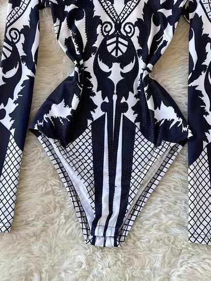 Women'S Tropical Print Bodysuit with Rhinestone Detail - Slim Fit, Stand Collar, Long Sleeve, All-Season Versatile Jumpsuit for Casual or Stylish Outfits, Stylish Outfit Bodysuit | Stand Collar Top | Polyester Fabric, Bodysui