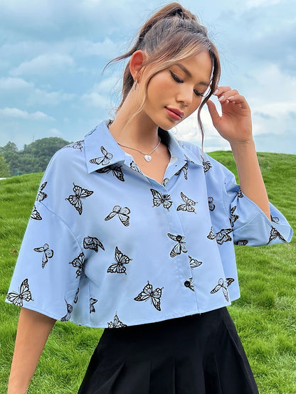 Elegant Spring-to-Fall Butterfly Print Blouse: Chic Contrast Collar, Durable & Easy-Care Top for Women