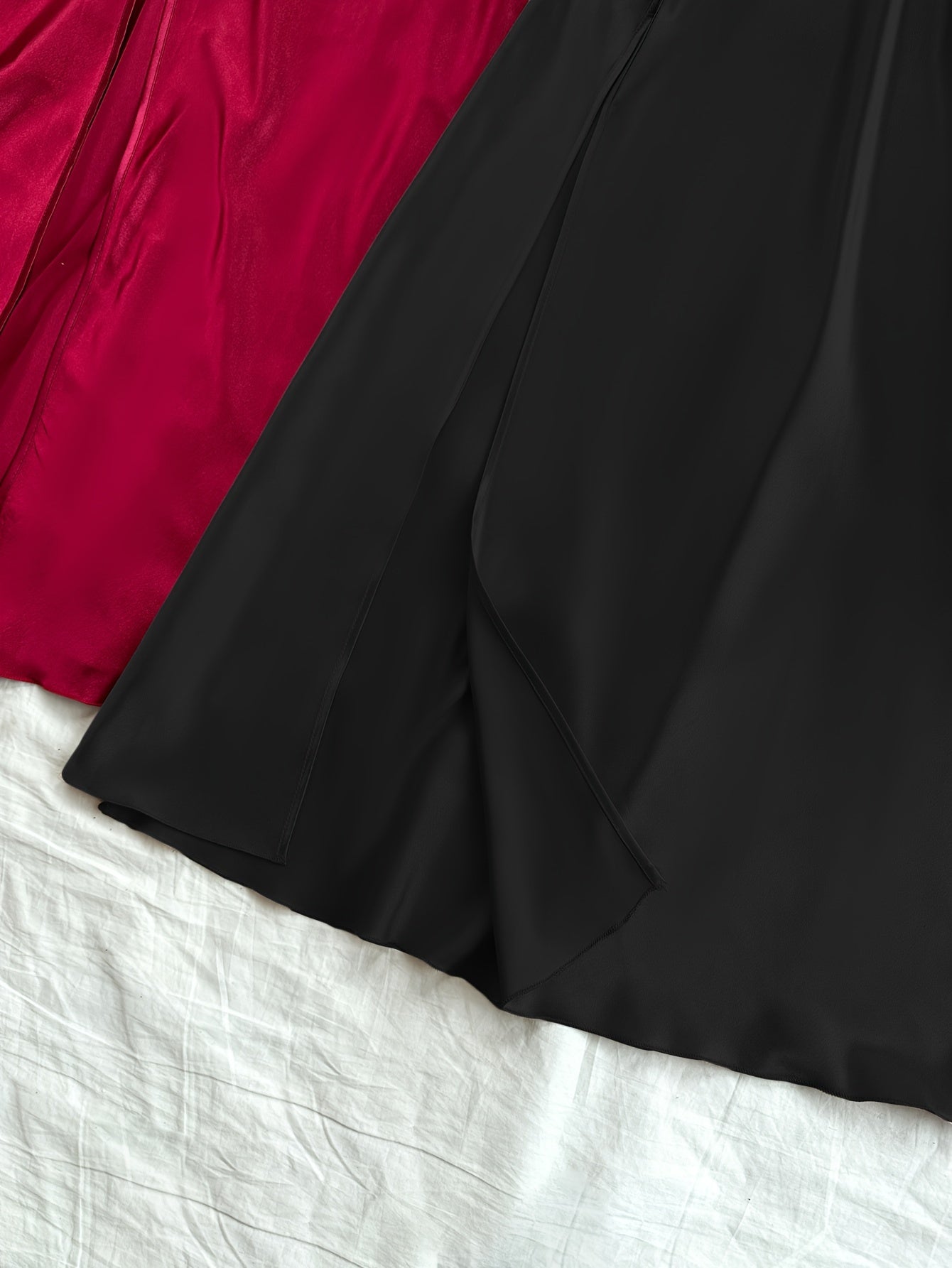 2 Pcs Women's Elegant Solid Satin Sleepwear Dress, Turtleneck Side Split Backless Midi Slip Dress, Comfortable Nightgown