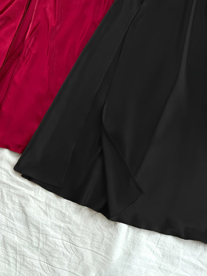 2 Pcs Women's Elegant Solid Satin Sleepwear Dress, Turtleneck Side Split Backless Midi Slip Dress, Comfortable Nightgown