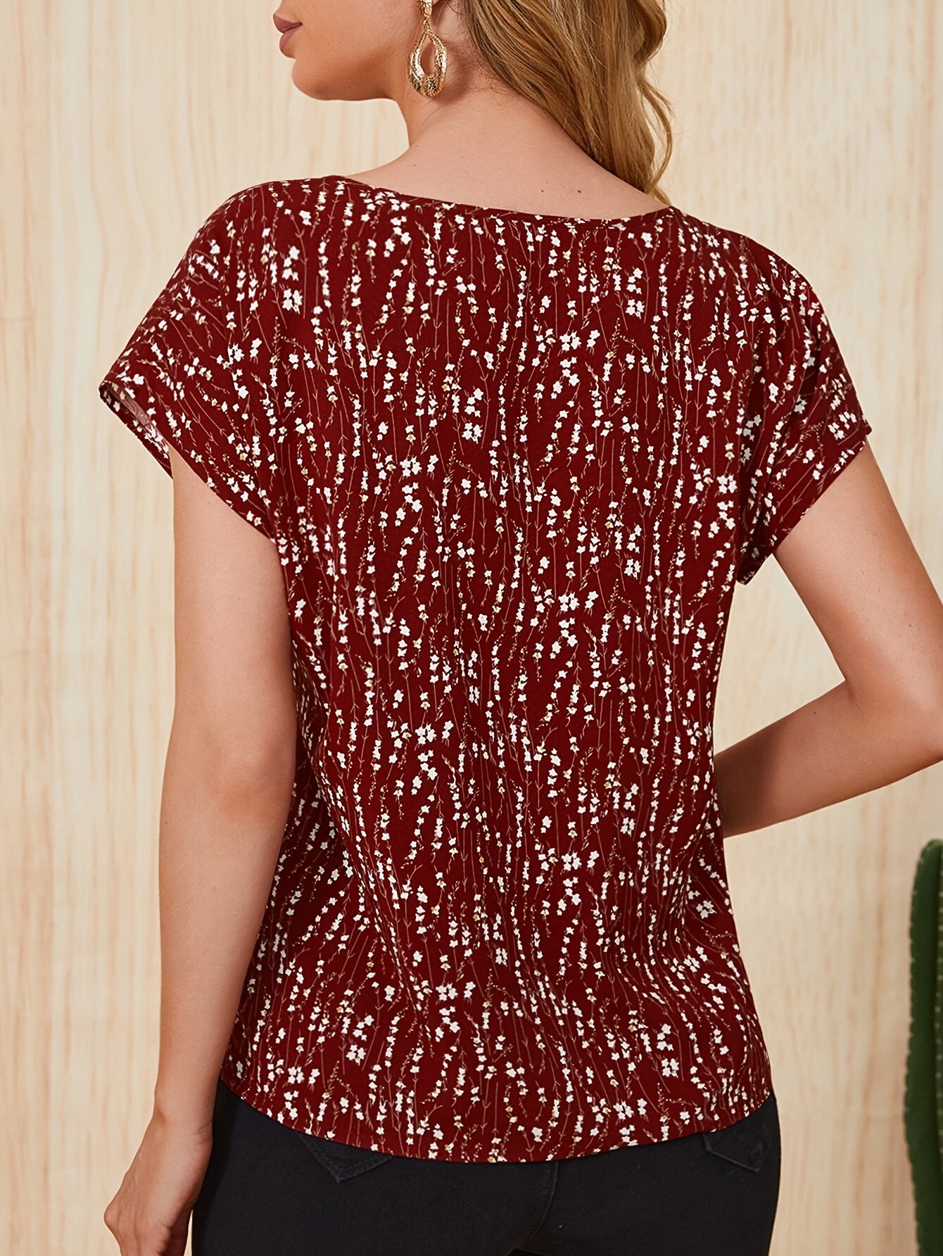 Allover Print Crew Neck Blouse, Elegant Batwing Sleeve Blouse For Spring & Summer, Women's Clothing