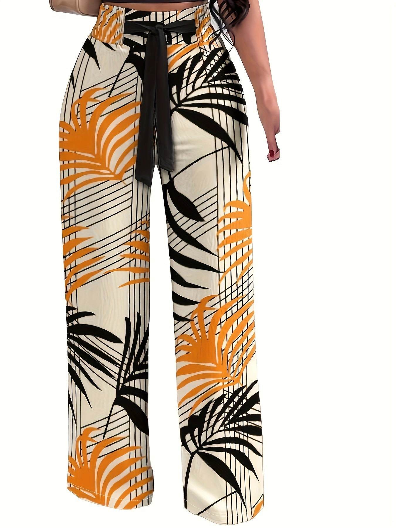 Plant Print Tie Waist Pants, Casual Wide Leg Long Length Pants, Women's Clothing