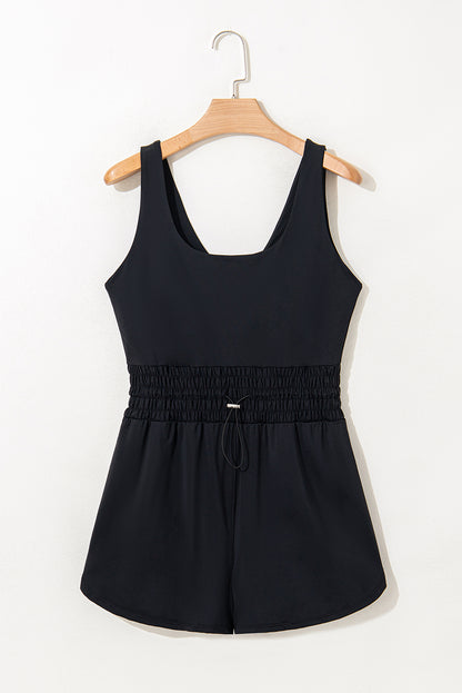 Black Plain Sleeveless Loop Drawstring Cinched Waist Romper