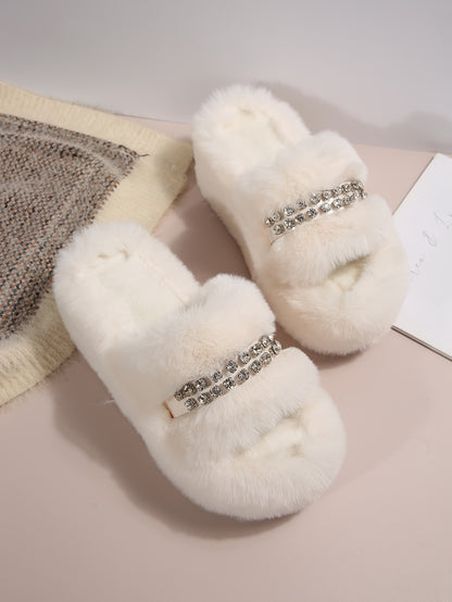 [Sparkling Rhinestone Slippers] Plush Faux Fur Sparkling Rhinestone-Decorated Slippers | Women's Slip-On with Thick Cushioned Rubber Sole & Sloped Heel | All-Season Indoor House Shoes for Warmth & Comfort (Black/Grey/White)