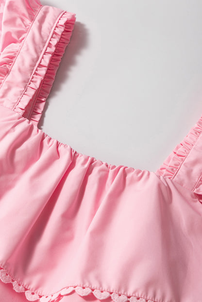 Pink Tiered Heart Trim Square Neck Flutter Top