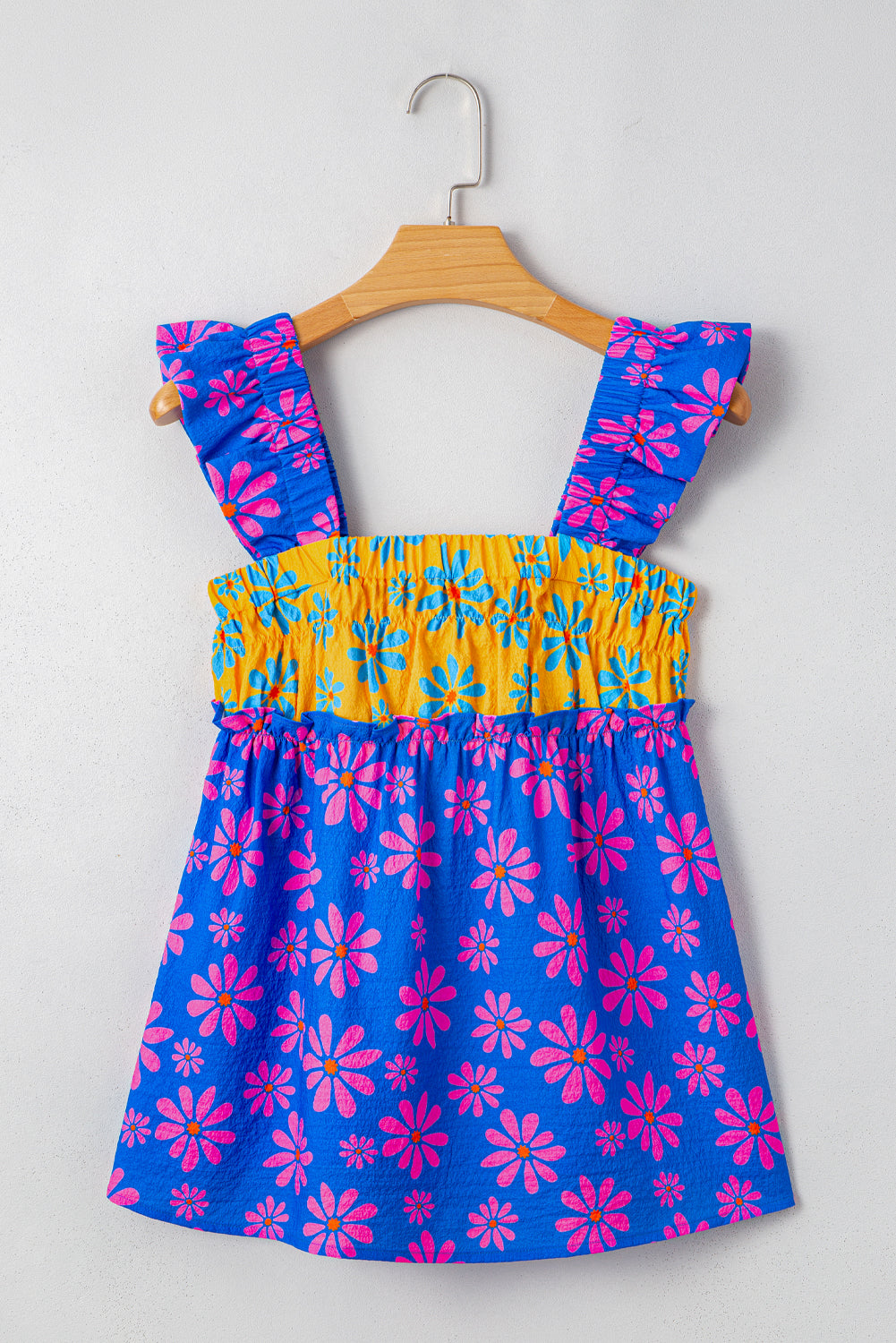 Blue Floral Colorblock Flutter Straps Flowy Tank Top