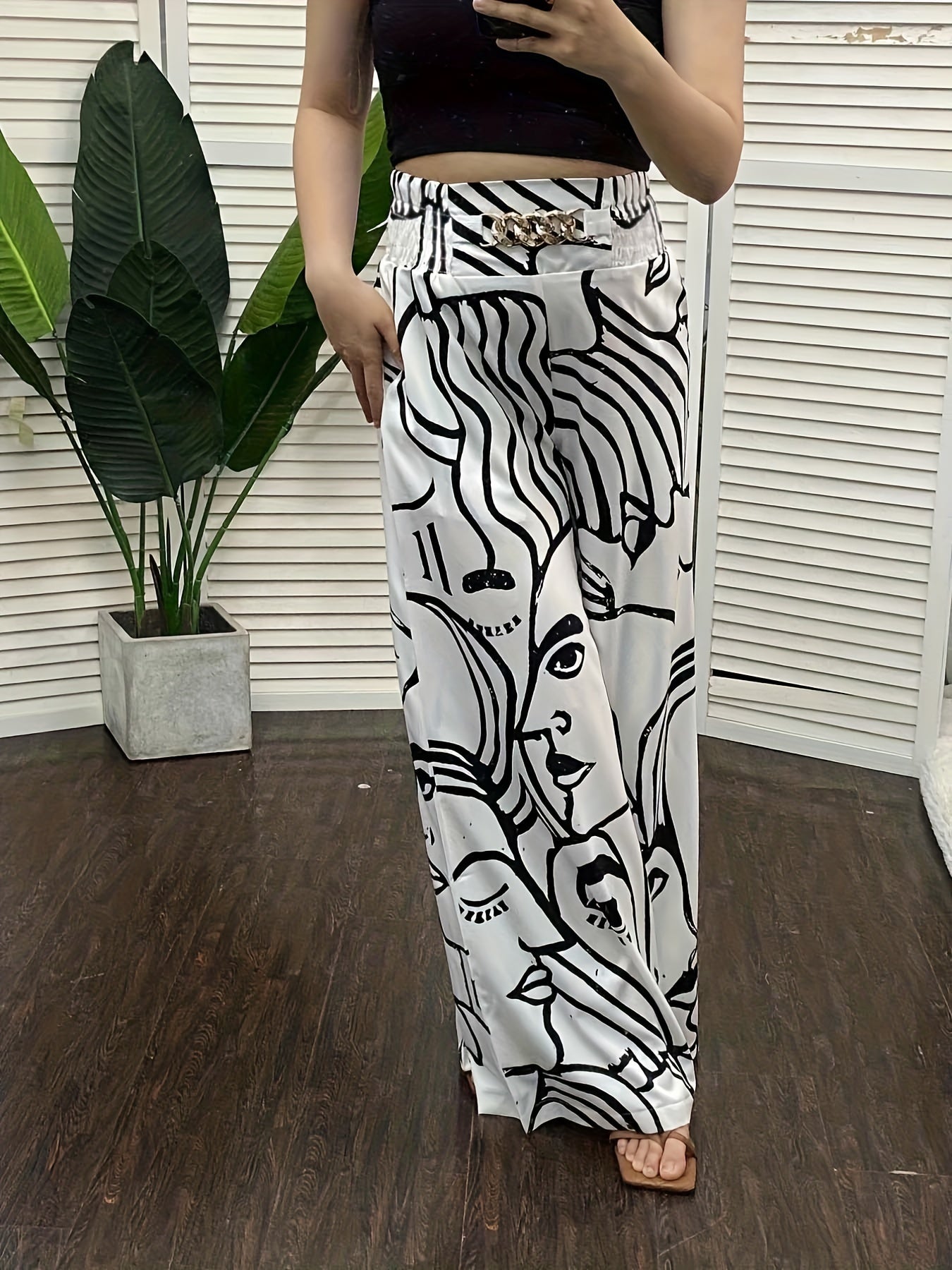Abstract Face Print Pants, Casual Wide Leg High Waist Pants, Women's Clothing