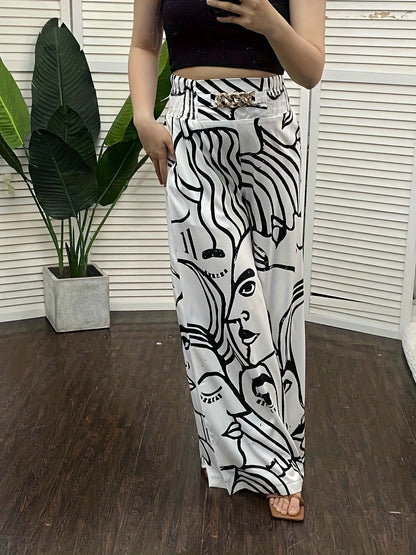 Abstract Face Print Pants, Casual Wide Leg High Waist Pants, Women's Clothing