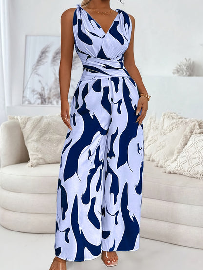 Elegant Women'S Fashion Jumpsuit, Geometric Pattern, Non-Stretch Polyester, 110g/m², Woven, Cross Strap Detail