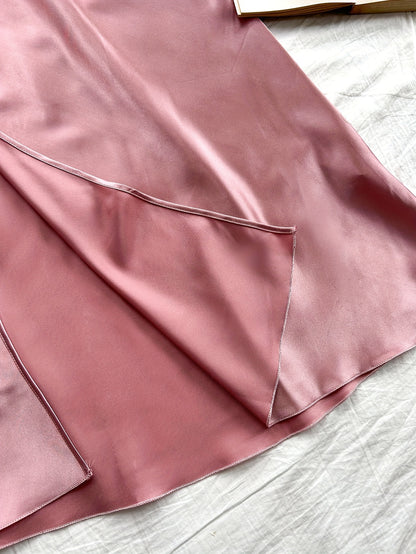 2 Pcs Women's Elegant Solid Satin Sleepwear Dress, Turtleneck Side Split Backless Midi Slip Dress, Comfortable Nightgown