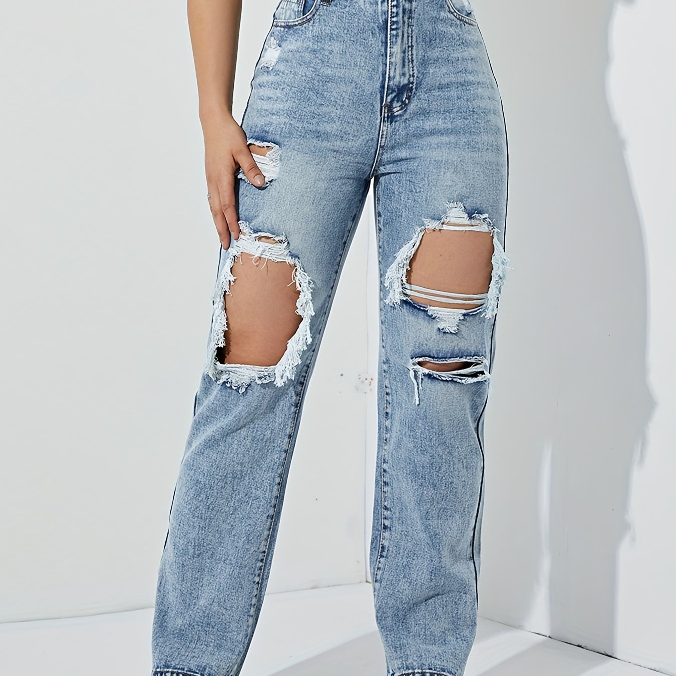 Blue Ripped Holes Straight Jeans, Distressed Slant Pockets Boyfriend Jeans, Women's Denim Jeans & Clothing