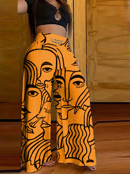 Abstract Face Print Pants, Casual Wide Leg High Waist Pants, Women's Clothing
