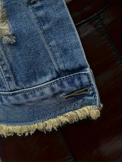 Ripped Raw Hem Distressed Denim Jacket, Plain Washed Blue Button Up Versatile Women's Vest Coat