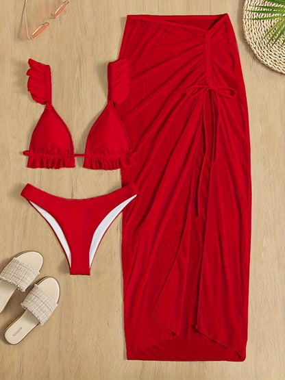 3 Piece Set Bikini, Plain Swimsuits, Ruched Tie Back Bra And Bottom, Cover Up Bow Skirt, Women's Swimwear & Clothing