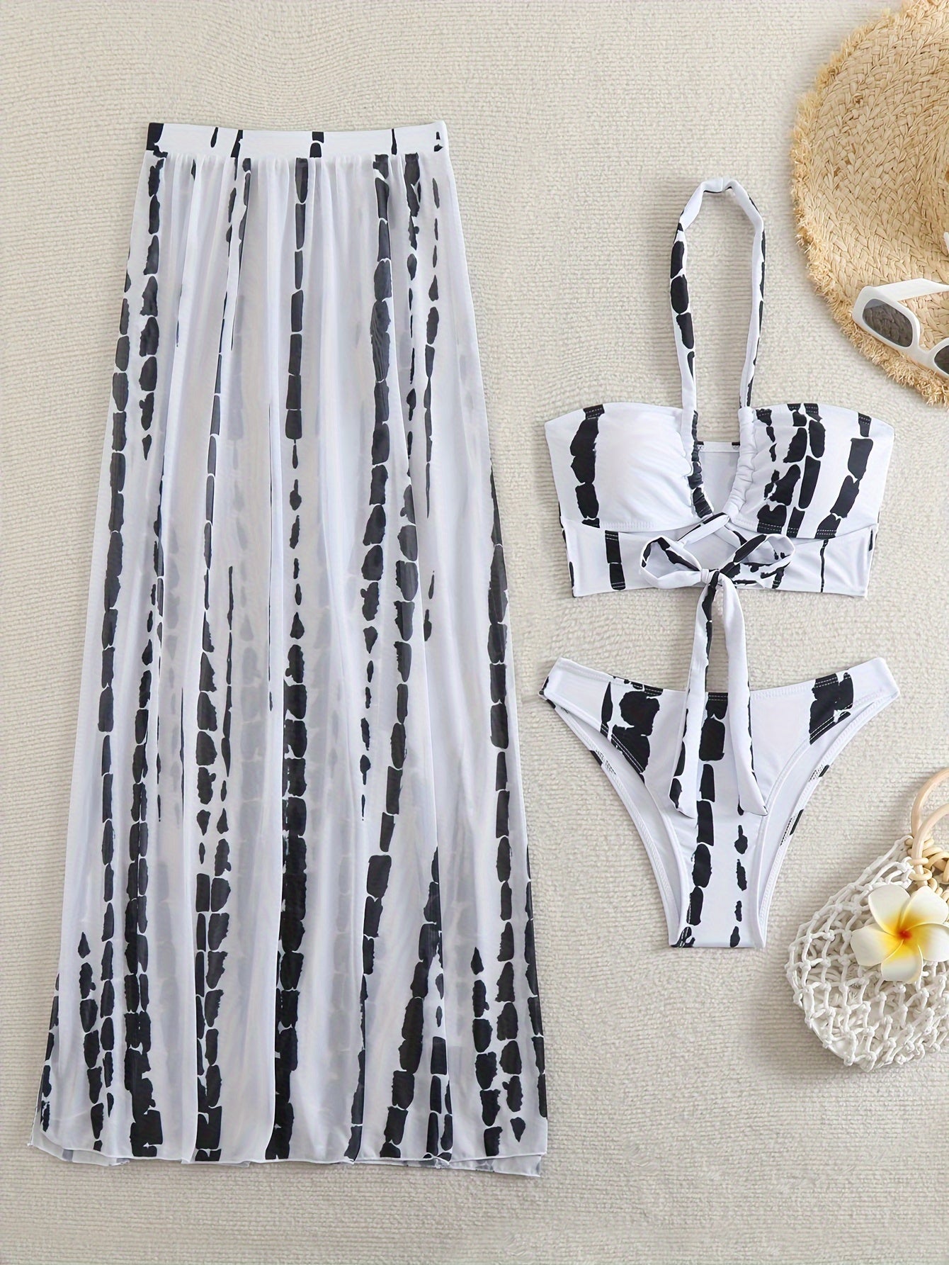 3 Piece Elegant Striped Print Crisscross Tie Strap Halter Bikini Rash Guard Set - Women's Swimwear with Split Side Cover Up Skirt and Flattering Fit - Perfect for Beach and Pool Activities