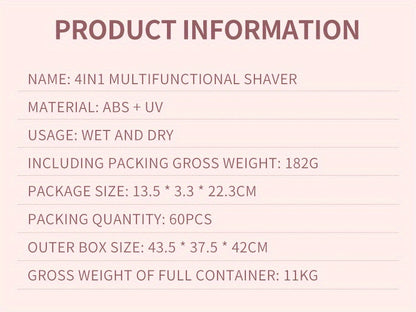 4-in-1 Women's Electric Razor - Wet & Dry Hair Remover For Pubic Hair, Eyebrow, Nose, Face, Legs, Underarms - Portable Bikini Trimmer - Rechargeable & Cordless - Gentle & Effective Hair Shaving