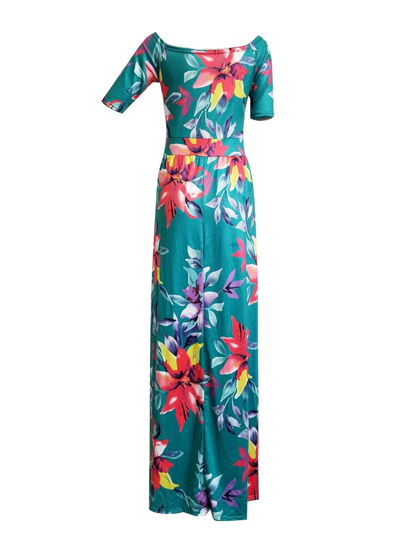 Vibrant Floral Print Romper Jumpsuit - Off Shoulder, Overskirt, Sexy, Flowy, Comfortable, Women's Summer Clothing - Perfect for Outdoor, Party, Date Night