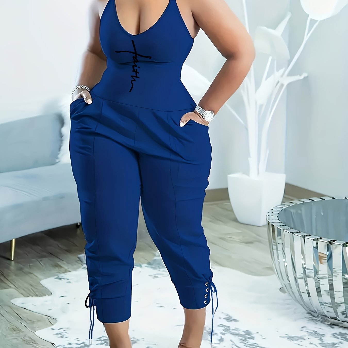 Chic Faith Print Spaghetti Strap Jumpsuit - Sleeveless and Breathable with Dual Pockets, Perfect for Spring & Summer Wear