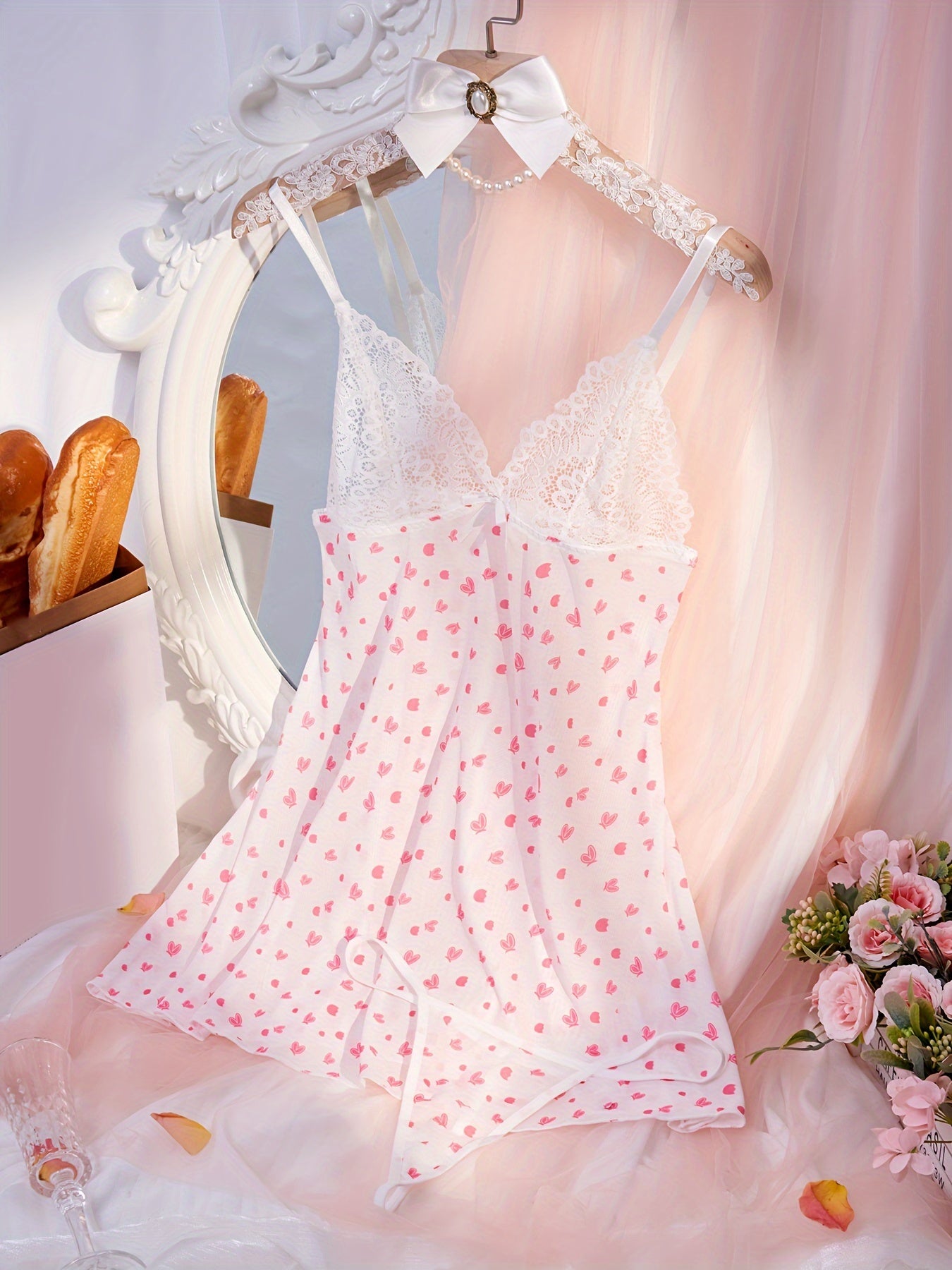 Contrast Lace Pajama Set, Heart Print Deep V Slip Nightdress & Thong, Women's Sleepwear & Dresses