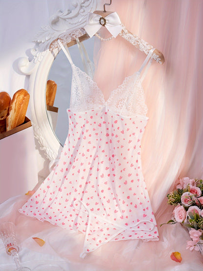 Contrast Lace Pajama Set, Heart Print Deep V Slip Nightdress & Thong, Women's Sleepwear & Dresses