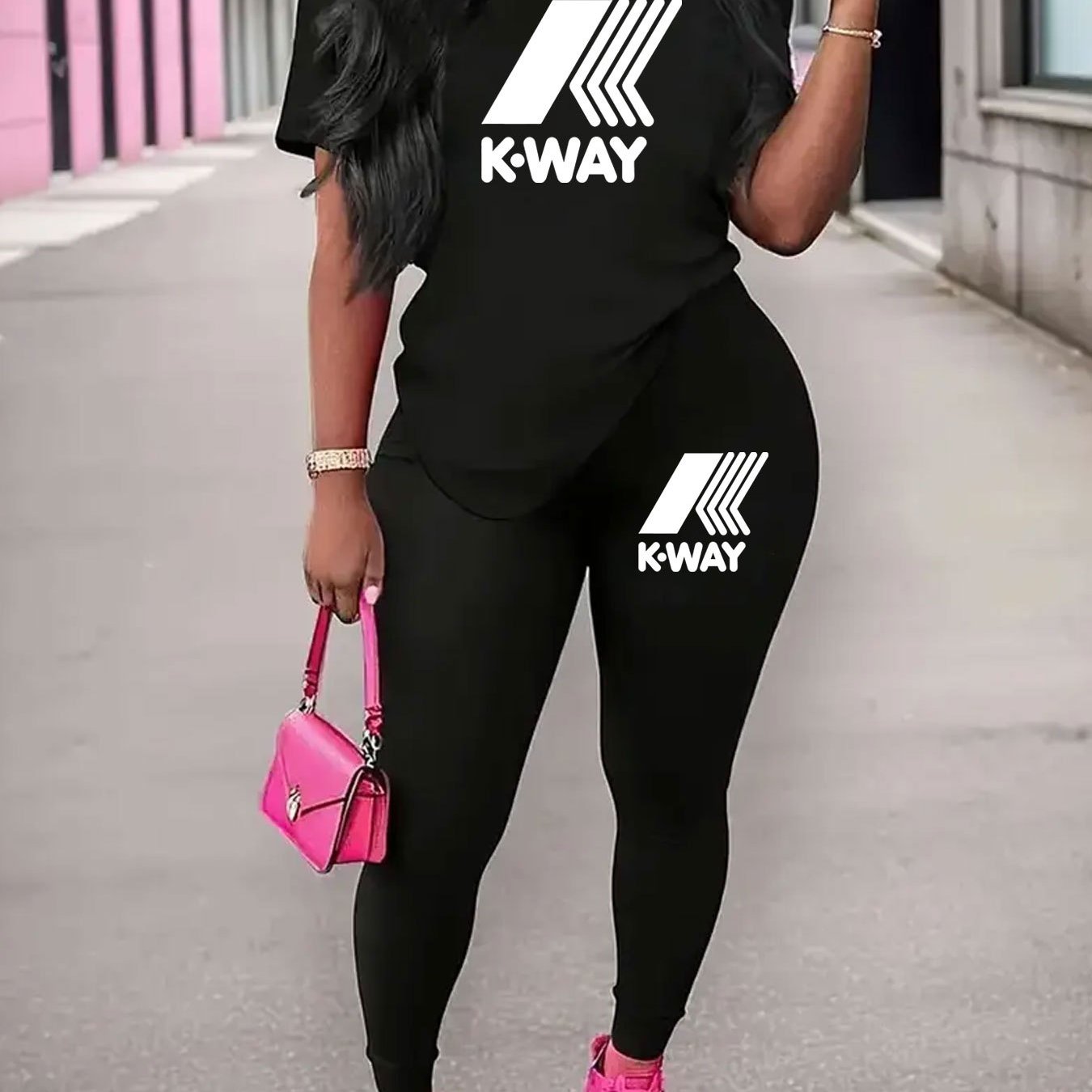 Women'S K-WAY Graphic Print Short Sleeve Crop Top & High-Waisted Leggings Set - Black with White Lettering, Stretchy Polyester Blend, Casual Streetwear Style, Spring/Summer Collection, High Waisted