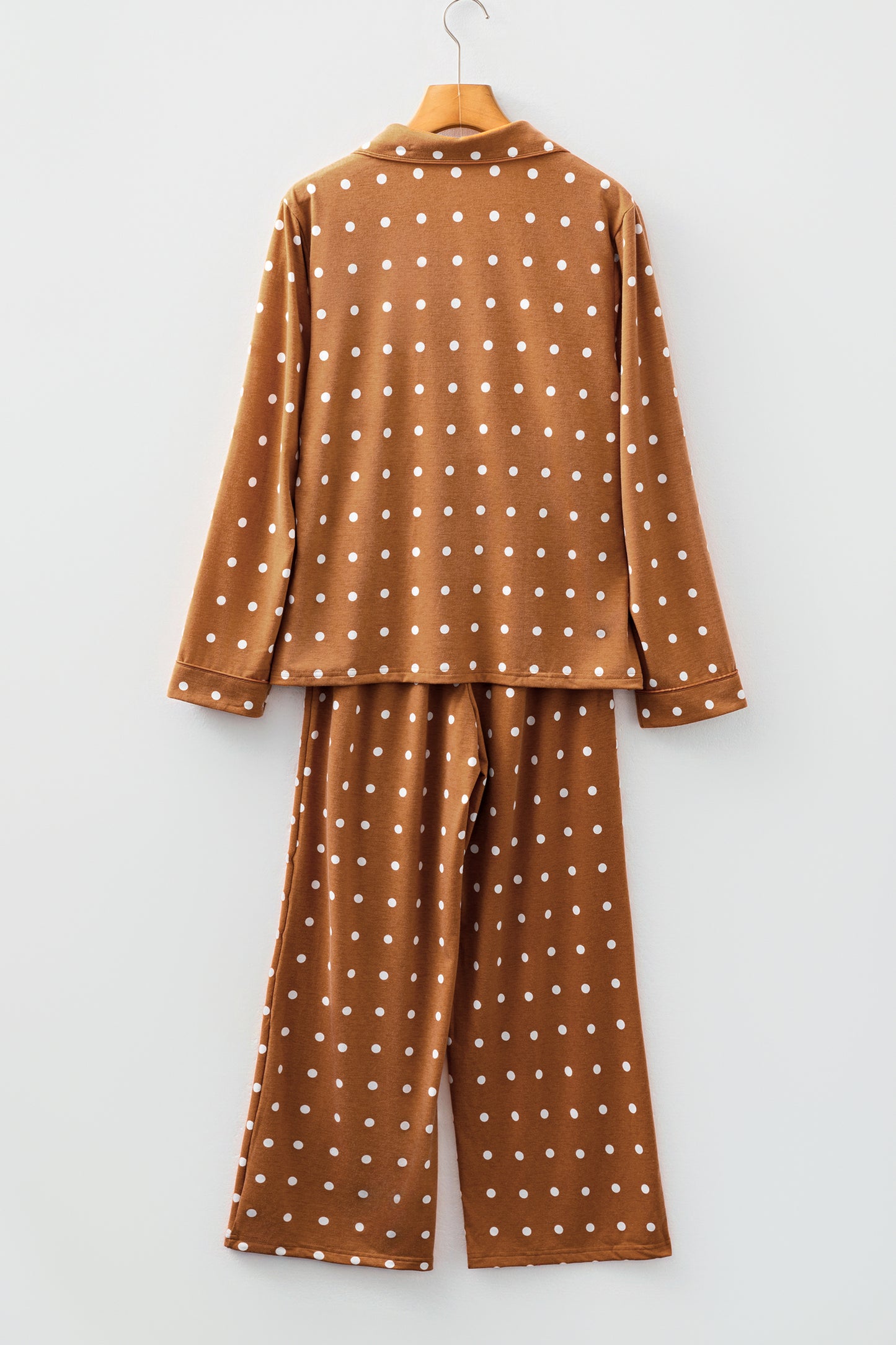 Brown Polka Dot Print Long Sleeve Shirt Pant 2pcs Pajama Set