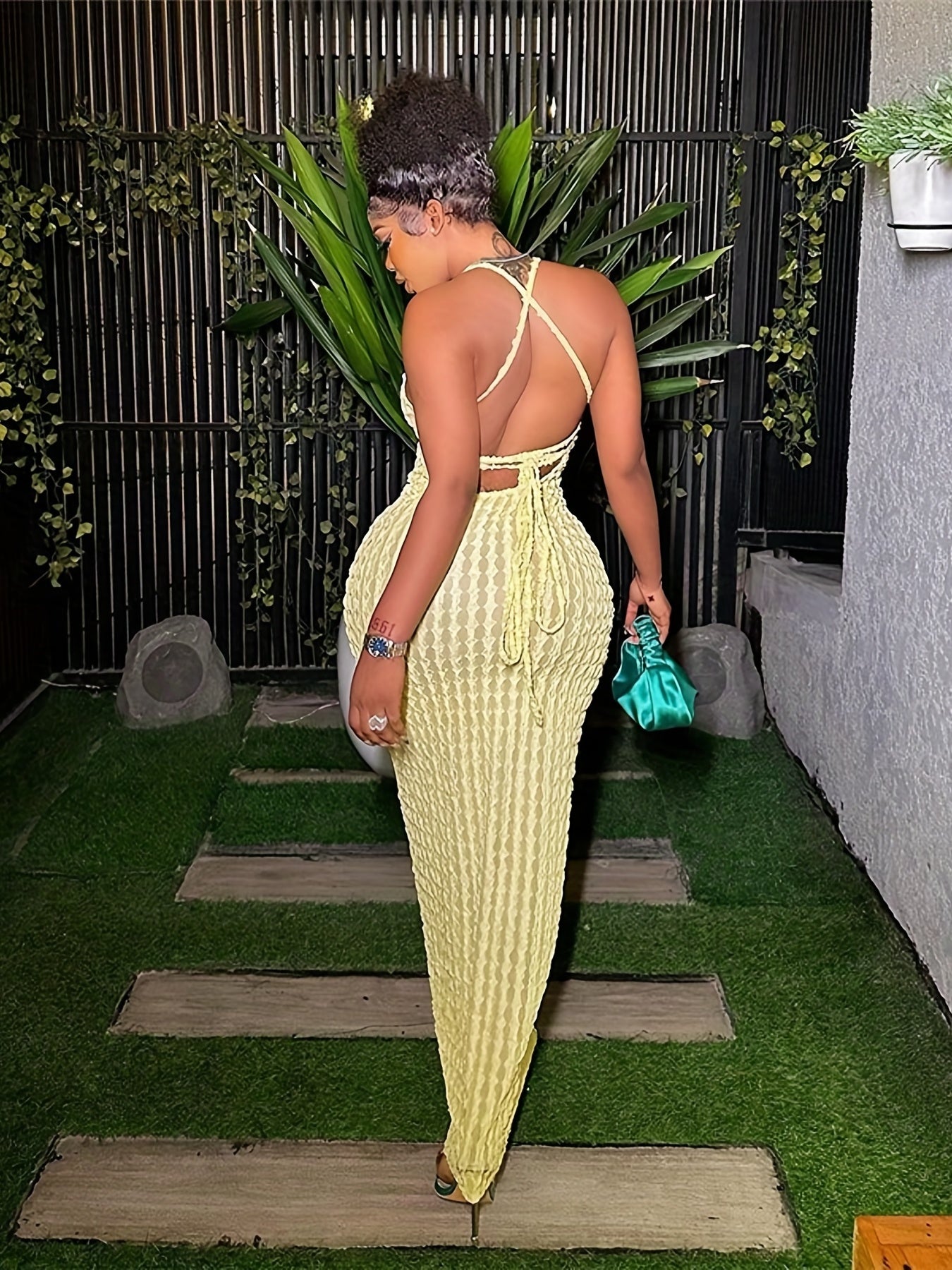 Solid Spaghetti Popcorn Dress, Sexy Backless Dress For Spring & Summer, Women's Clothing