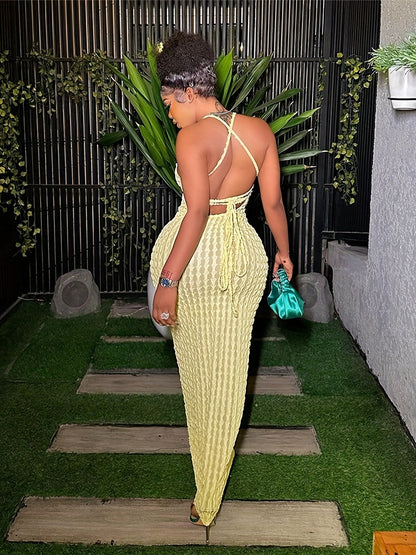 Solid Spaghetti Popcorn Dress, Sexy Backless Dress For Spring & Summer, Women's Clothing