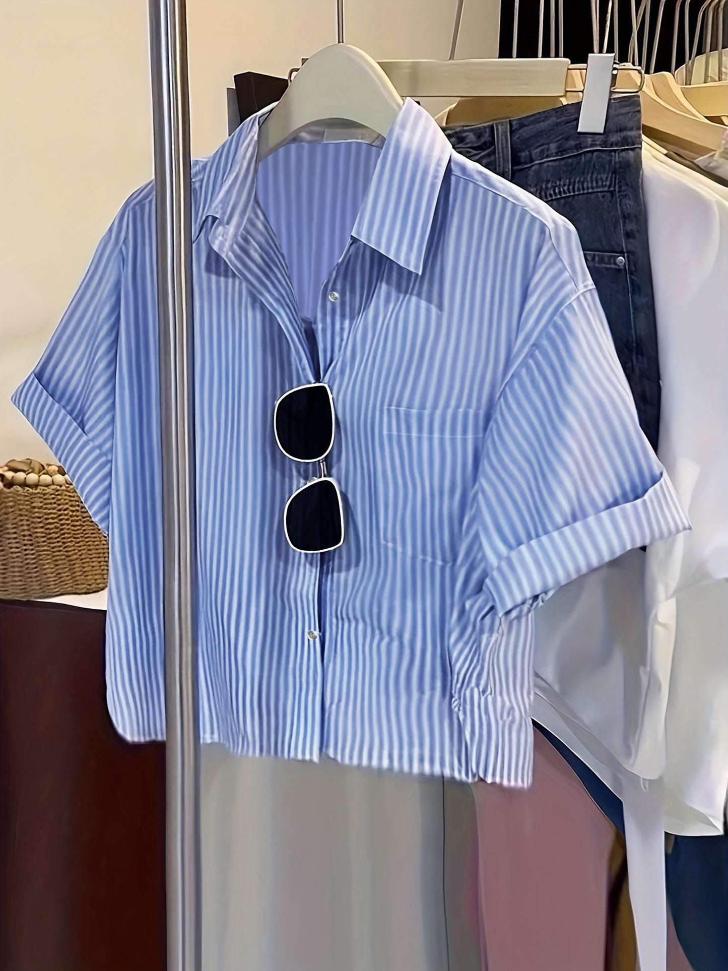 Vibrant Striped Button Up Crop Shirt - Women's Casual Blouses for Spring & Summer - Short Sleeve, Relaxed Fit, Soft Fabric, Perfect for Outdoor Activities