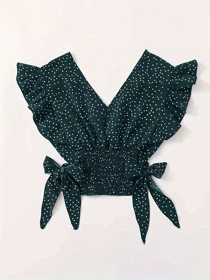 Vibrant Allover Print Blouse with Chic Bow Accent - Flattering Surplice Neck & Ruffled Waist - Womens Casual Fashion