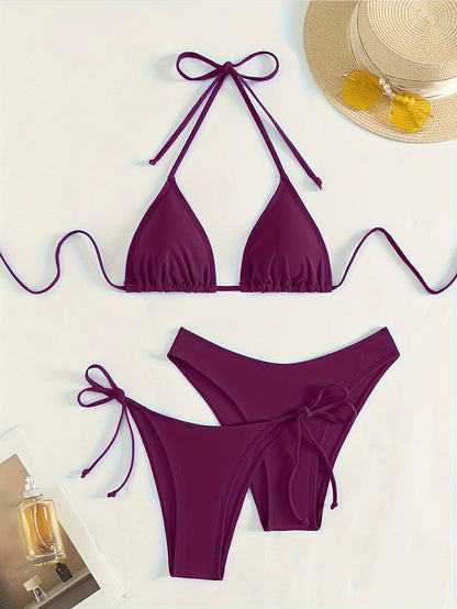 Solid Color 3 piece Set Bikini, Halter Neck Backless Swimsuits, Women's Swimwear & Clothing