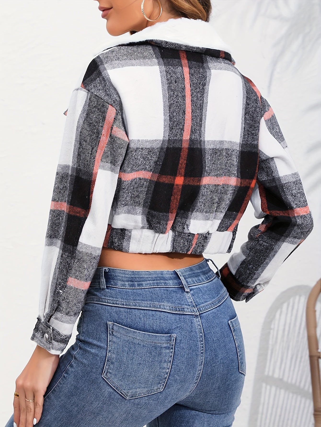 Button Plaid Faux Fur Collar Jacket, Casual Long Sleeve Crop Jacket For Fall & Winter, Women's Clothing